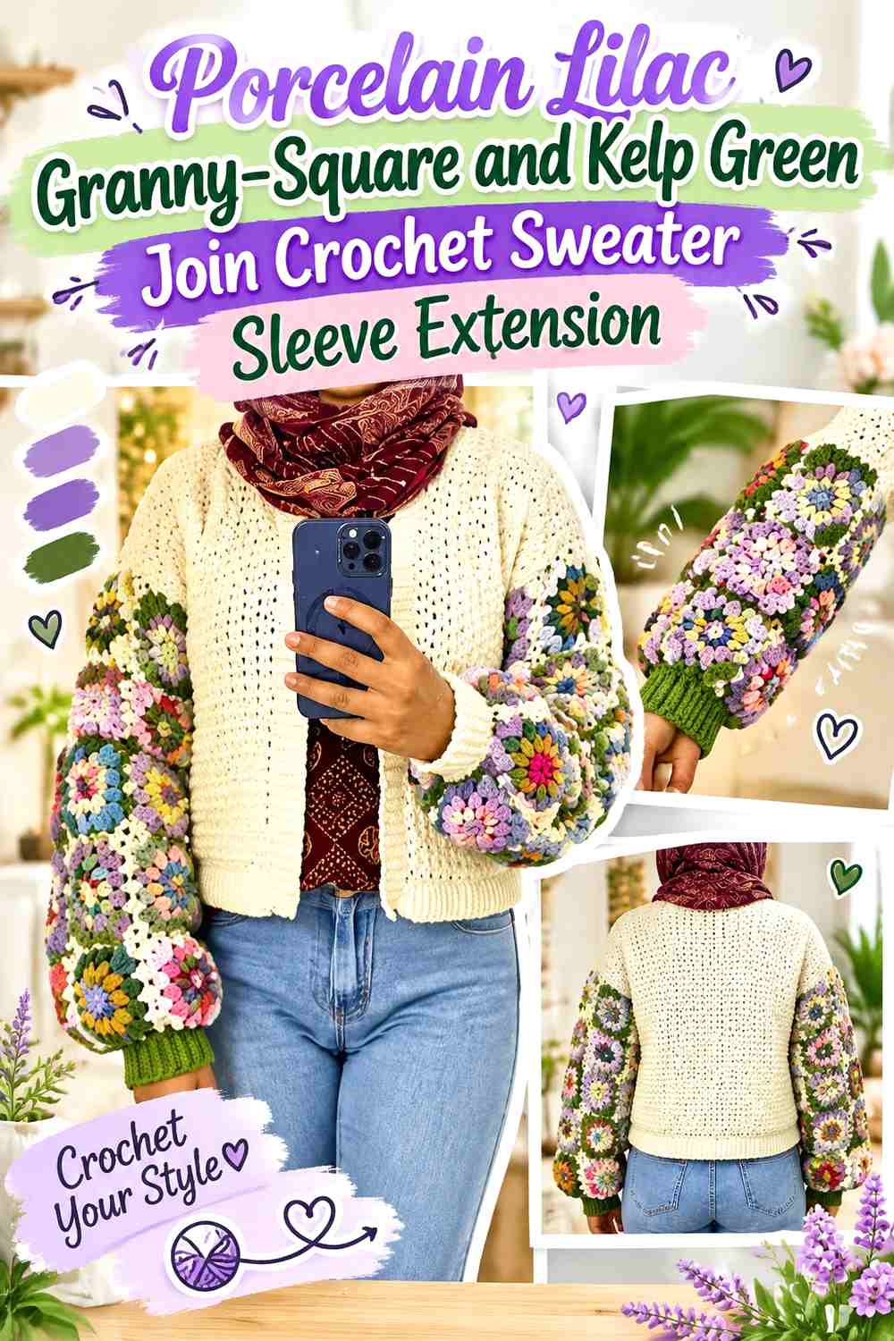 Porcelain Lilac Granny-Square and Kelp Green Join Crochet Sweater Sleeve Extension
