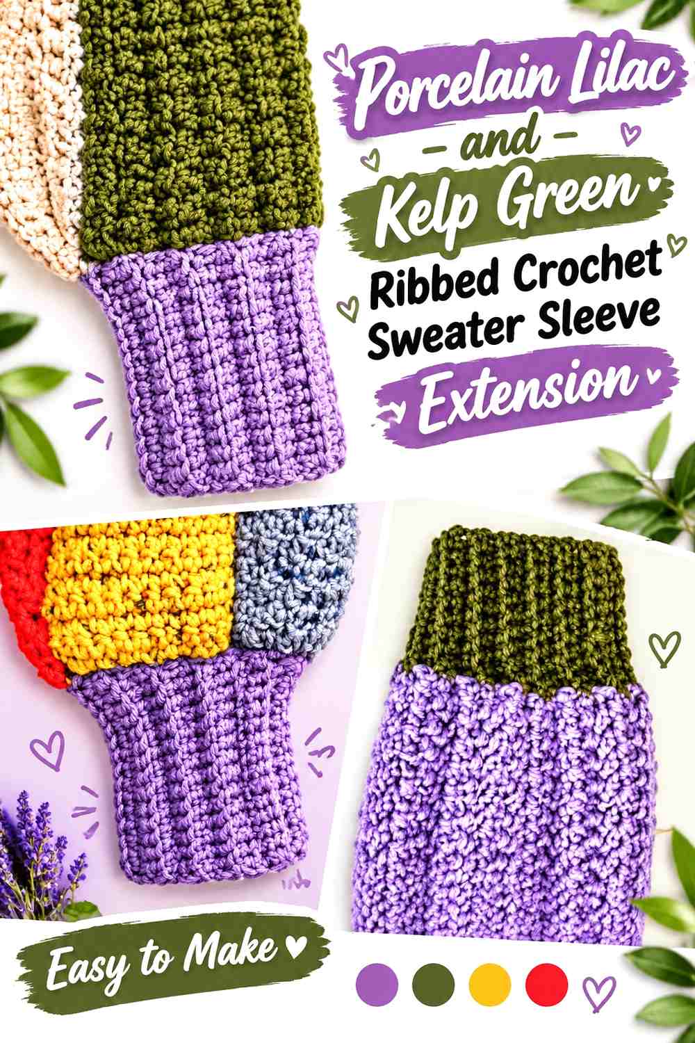Porcelain Lilac and Kelp Green Ribbed Crochet Sweater Sleeve Extension