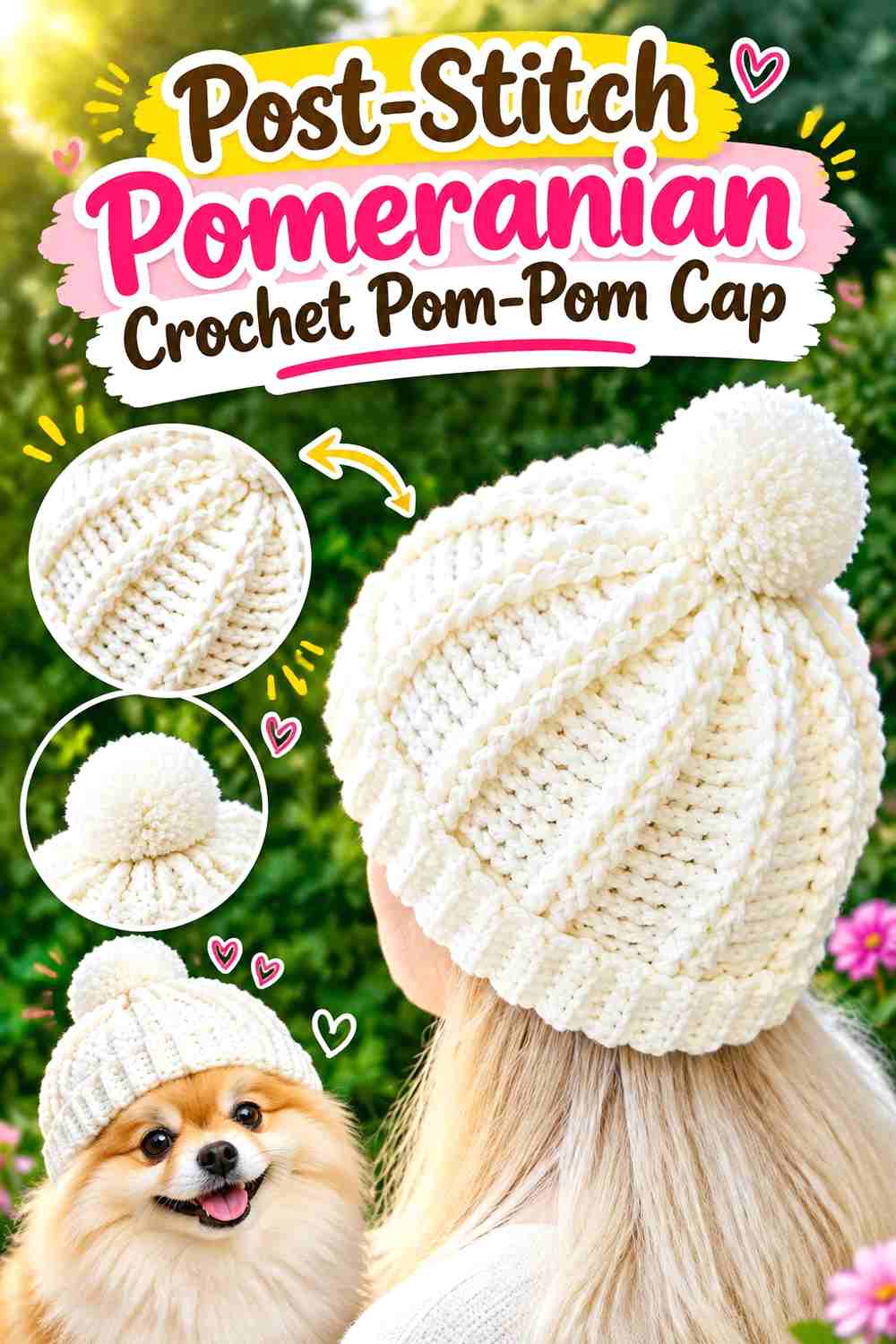 Post-Stitch Pomeranian Crochet Pom-Pom Cap