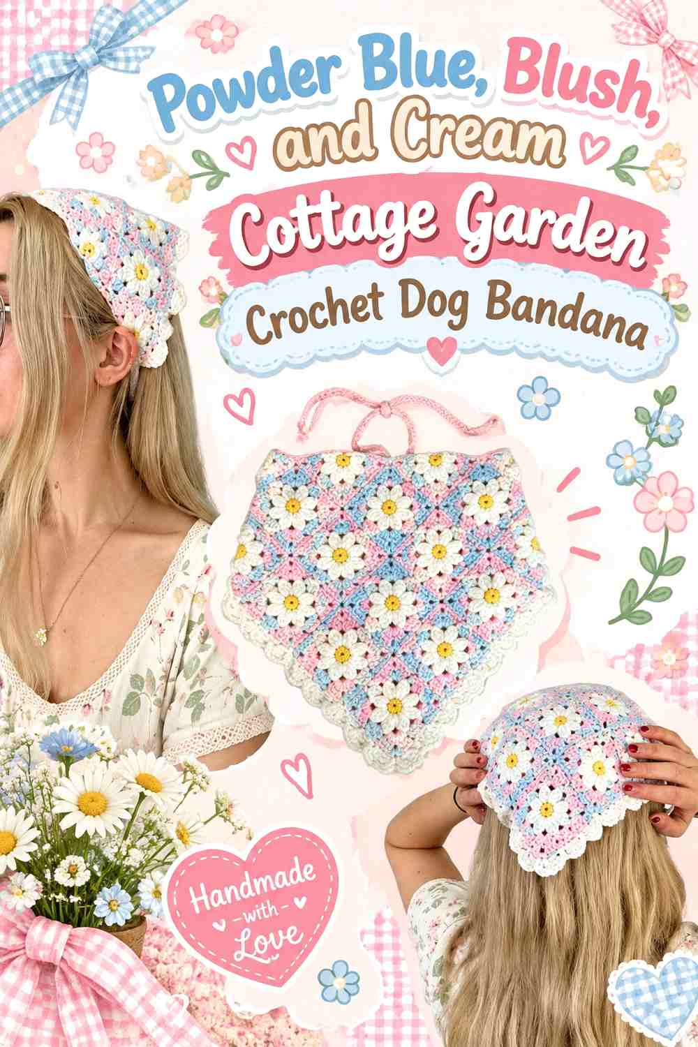 Powder Blue, Blush, and Cream Cottage Garden Crochet Dog Bandana