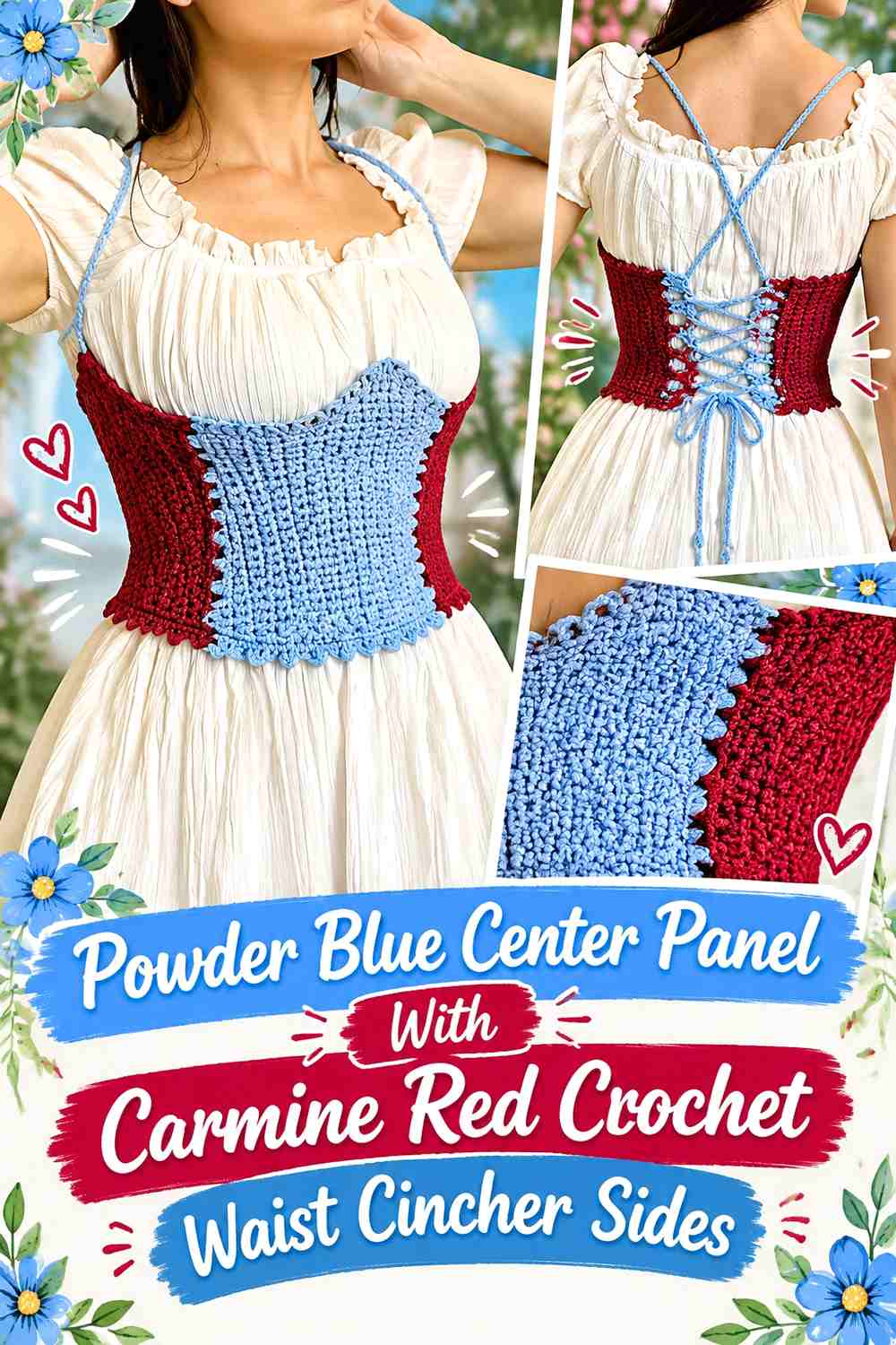 Powder Blue Center Panel With Carmine Red Crochet Waist Cincher Sides