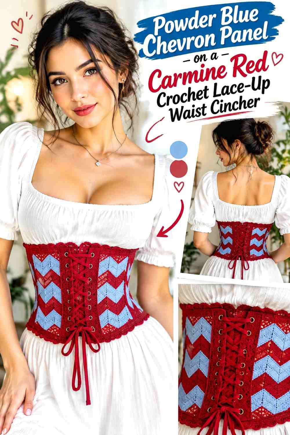 Powder Blue Chevron Panel on a Carmine Red Crochet Lace-Up Waist Cincher