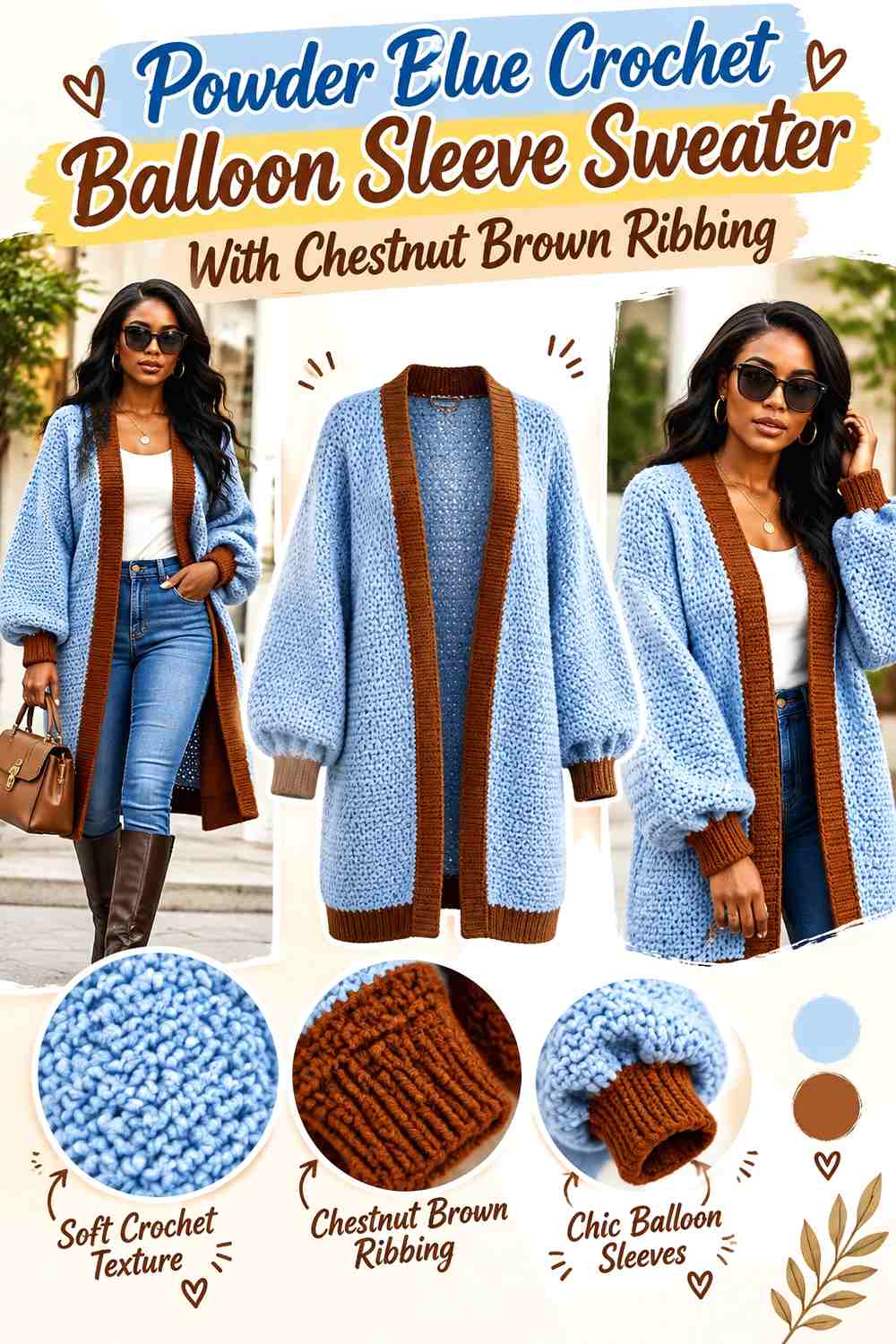 Powder Blue Crochet Balloon Sleeve Sweater With Chestnut Brown Ribbing