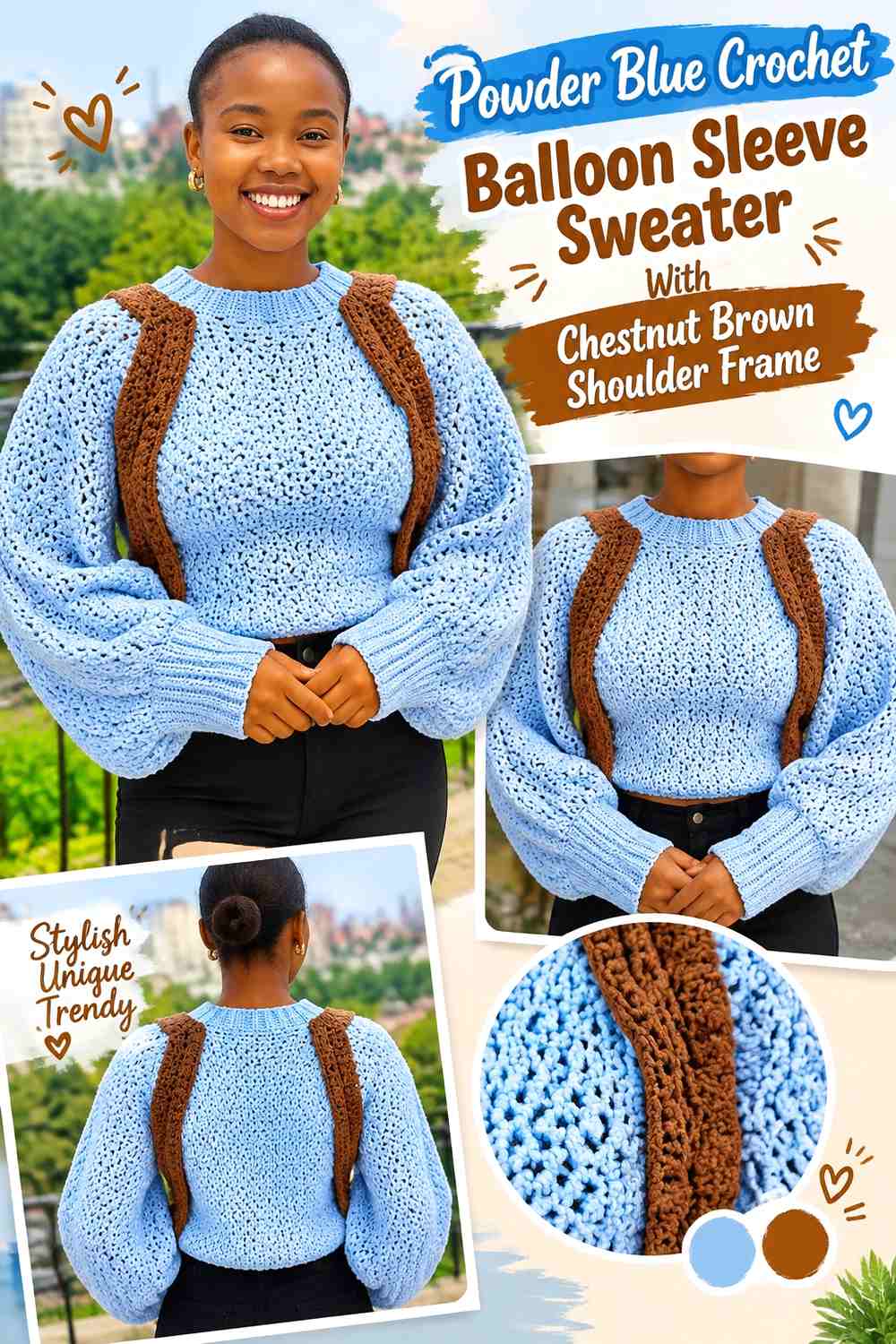 Powder Blue Crochet Balloon Sleeve Sweater With Chestnut Brown Shoulder Frame