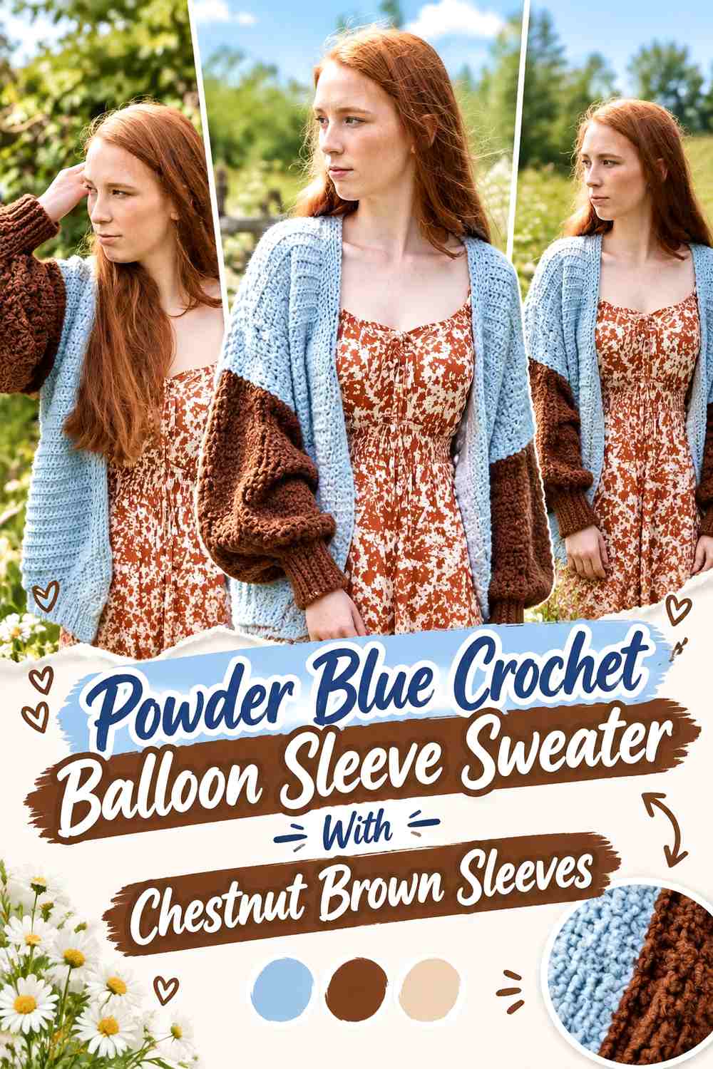 Powder Blue Crochet Balloon Sleeve Sweater With Chestnut Brown Sleeves