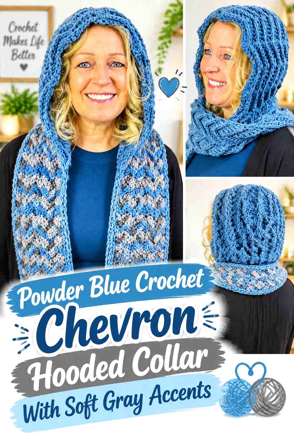 Powder Blue Crochet Chevron Hooded Collar With Soft Gray Accents