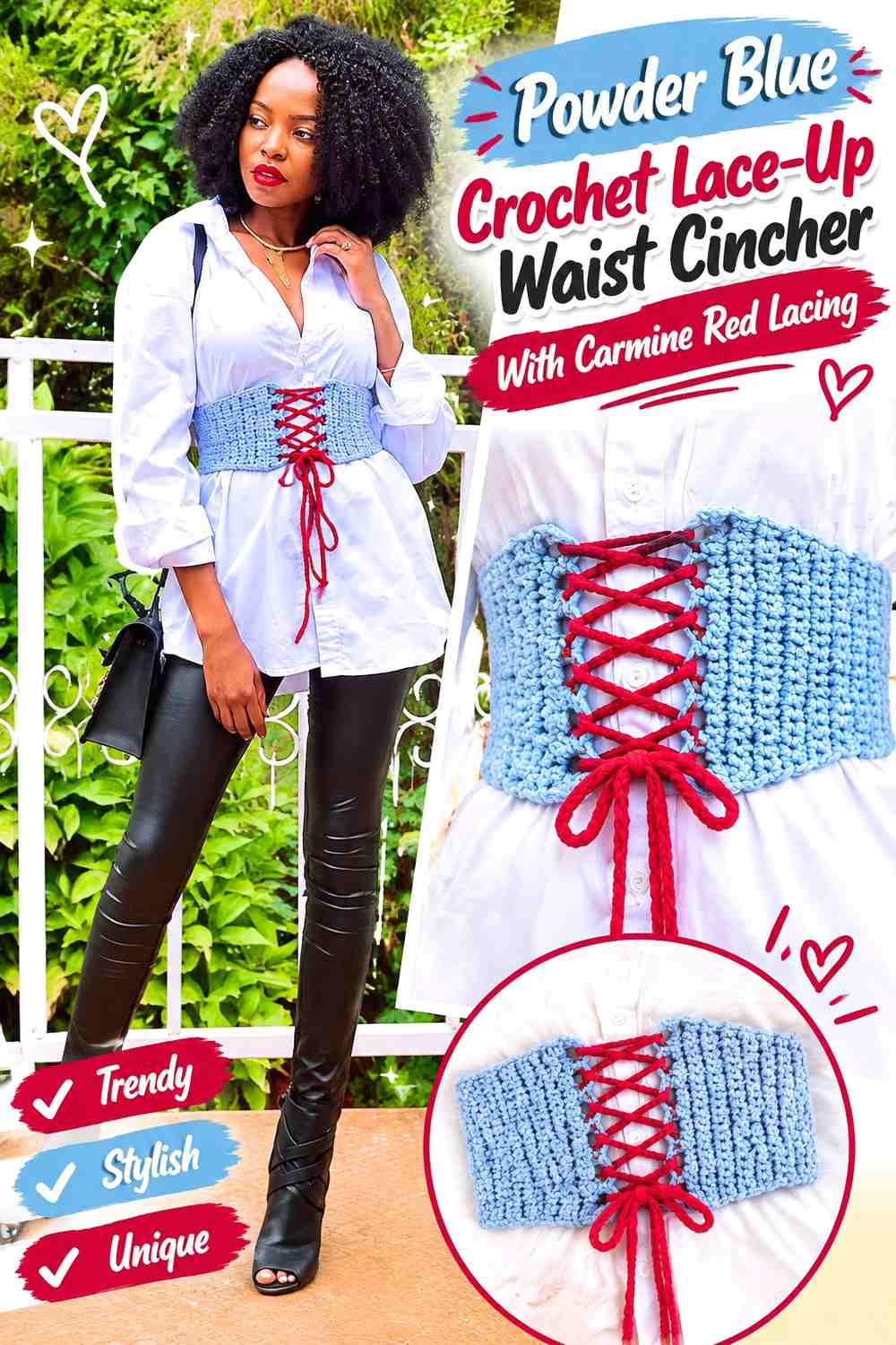 Powder Blue Crochet Lace-Up Waist Cincher With Carmine Red Lacing
