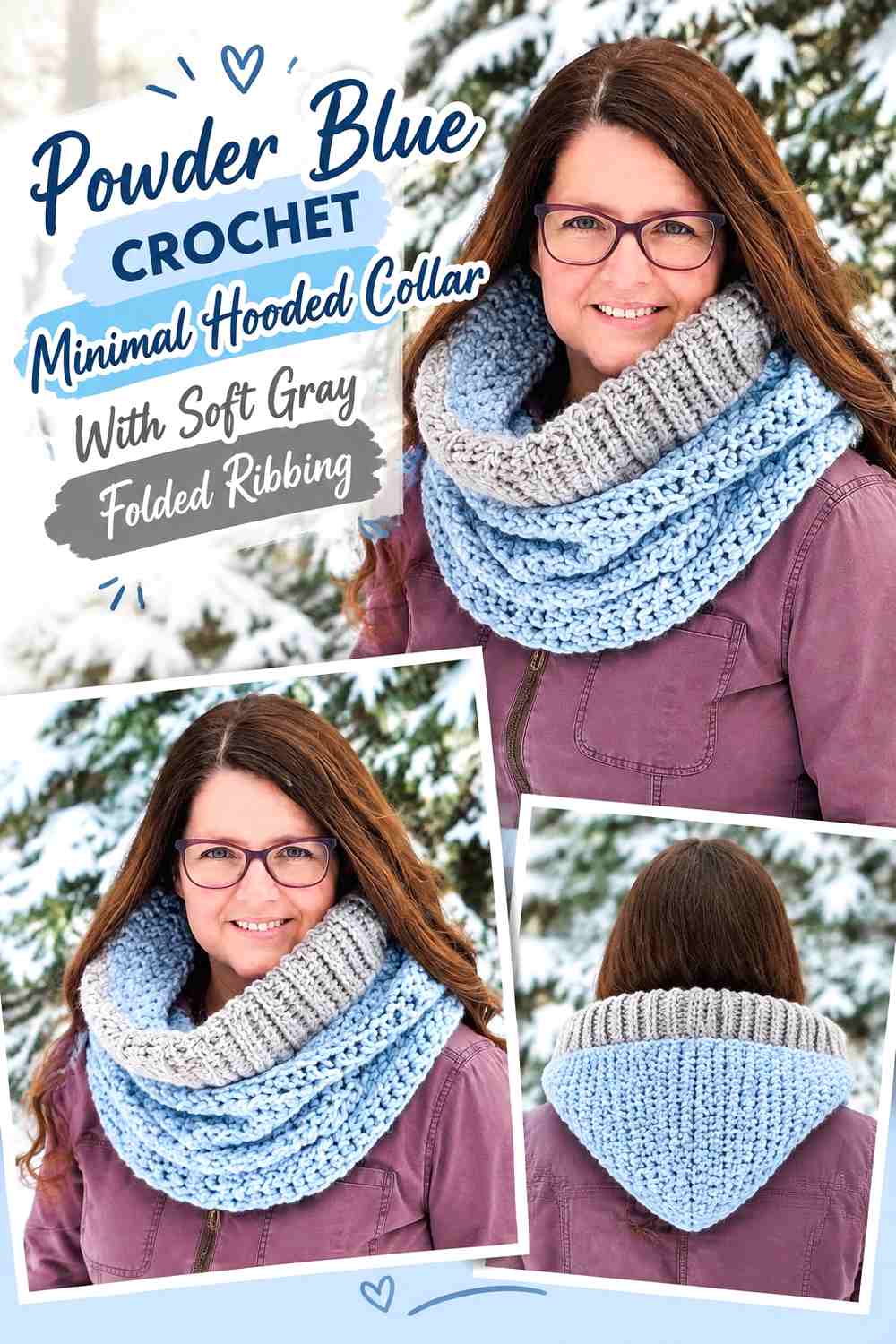 Powder Blue Crochet Minimal Hooded Collar With Soft Gray Folded Ribbing