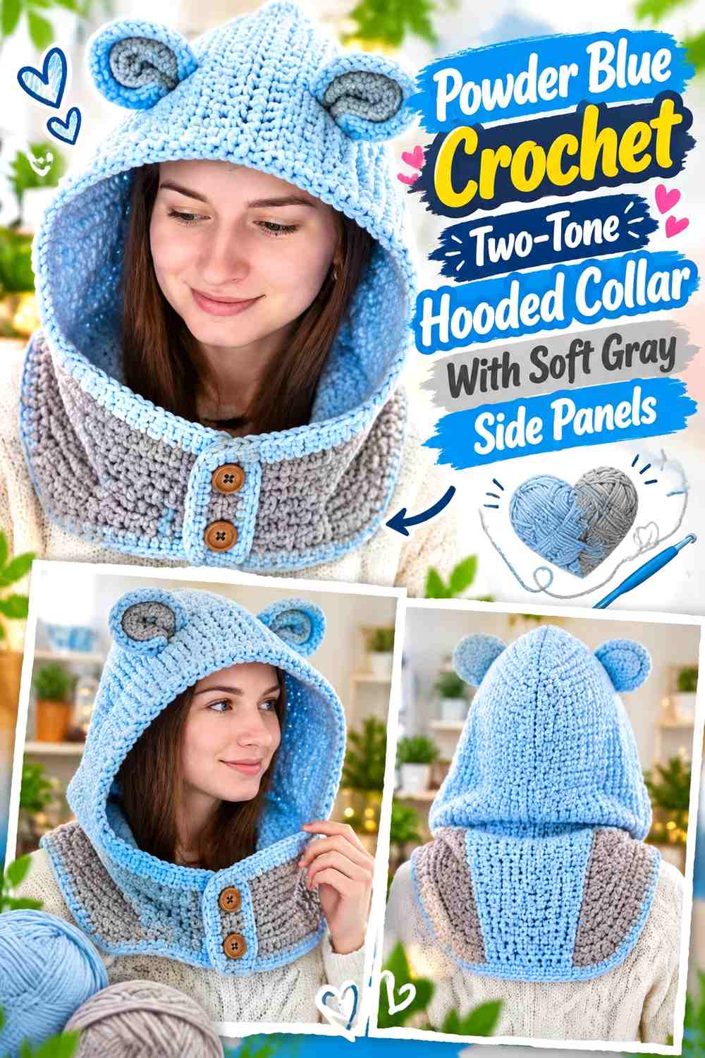 Powder Blue Crochet Two-Tone Hooded Collar With Soft Gray Side Panels