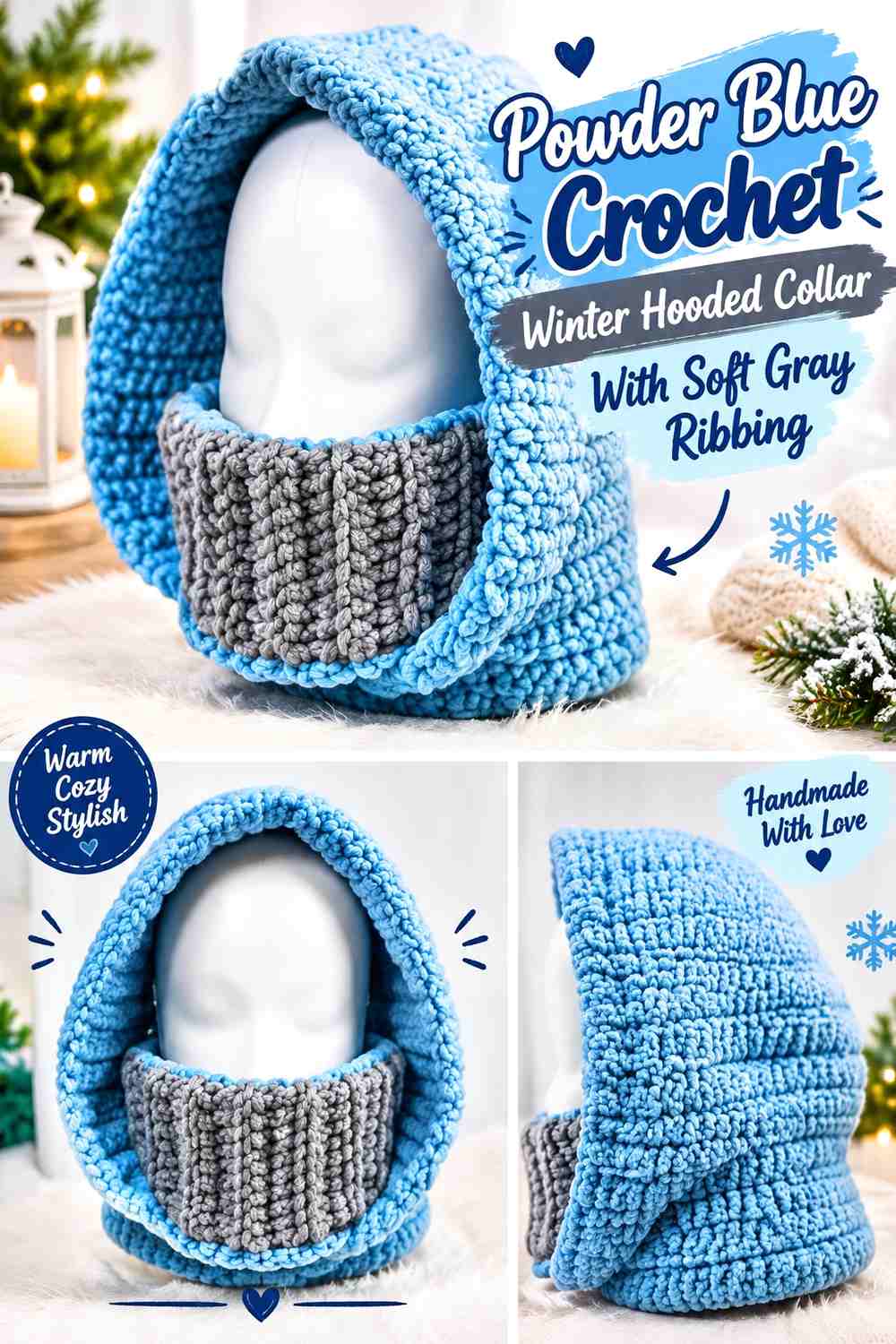 Powder Blue Crochet Winter Hooded Collar With Soft Gray Ribbing