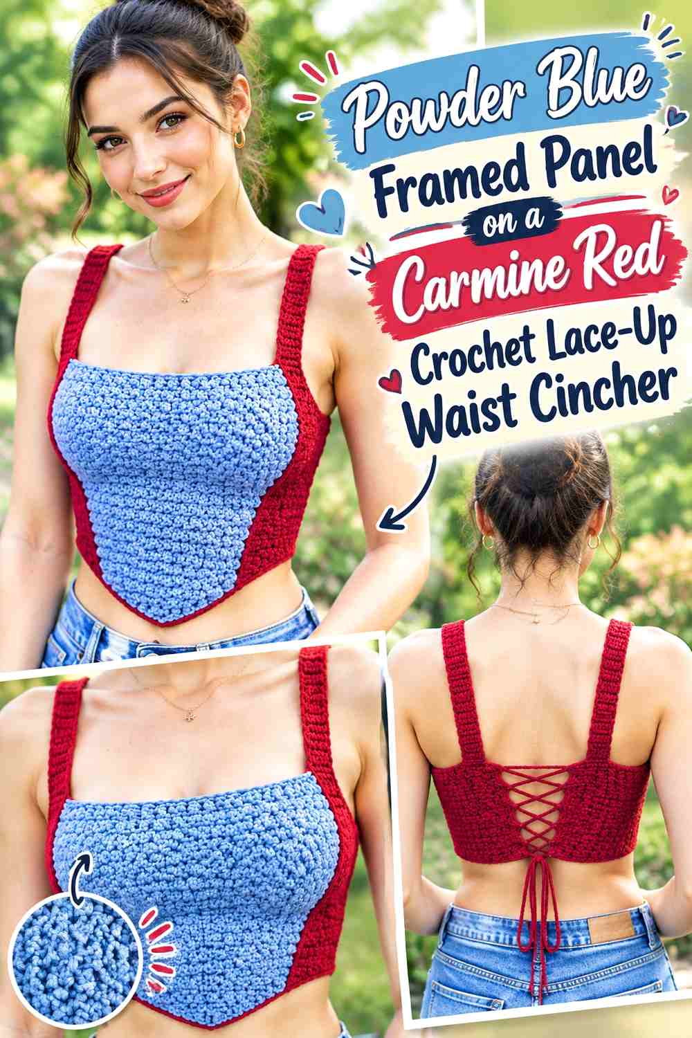 Powder Blue Framed Panel on a Carmine Red Crochet Lace-Up Waist Cincher