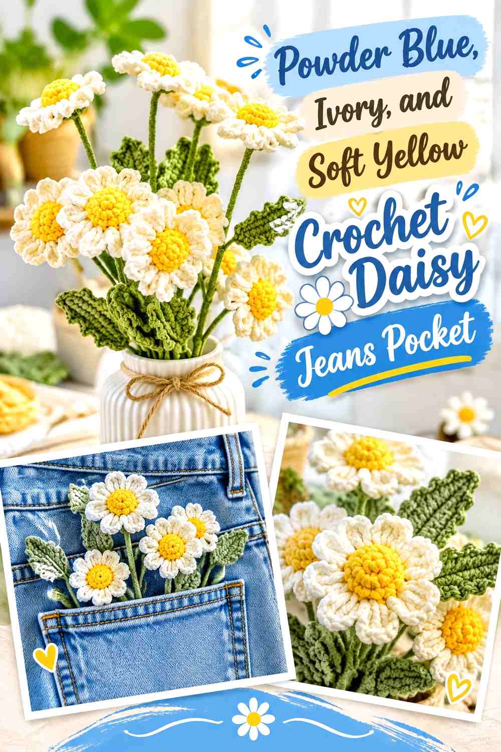 Powder Blue, Ivory, and Soft Yellow Crochet Daisy Jeans Pocket
