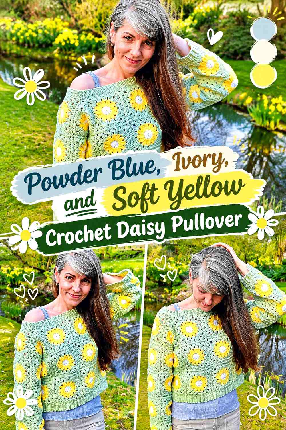 Powder Blue, Ivory, and Soft Yellow Crochet Daisy Pullover
