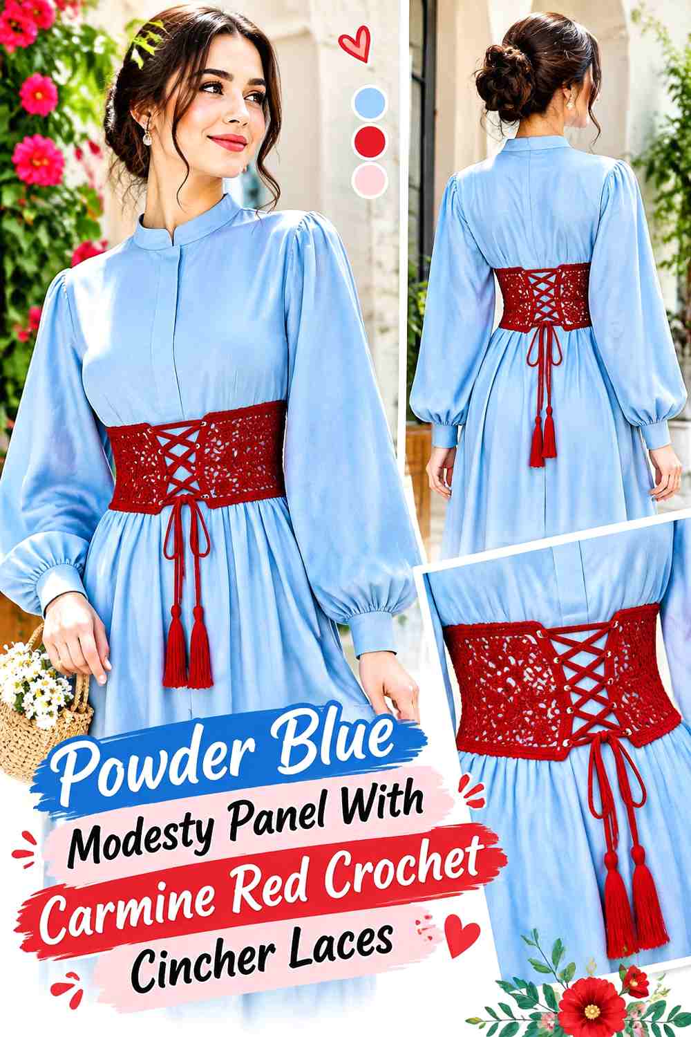 Powder Blue Modesty Panel With Carmine Red Crochet Cincher Laces
