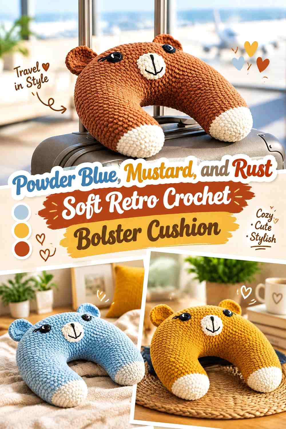 Powder Blue, Mustard, and Rust Soft Retro Crochet Bolster Cushion