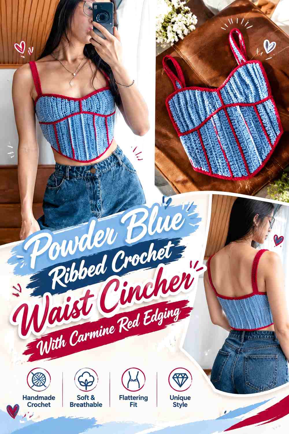 Powder Blue Ribbed Crochet Waist Cincher With Carmine Red Edging