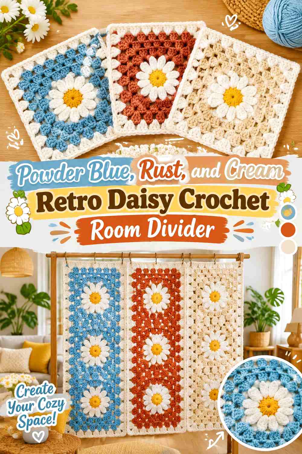 Powder Blue, Rust, and Cream Retro Daisy Crochet Room Divider