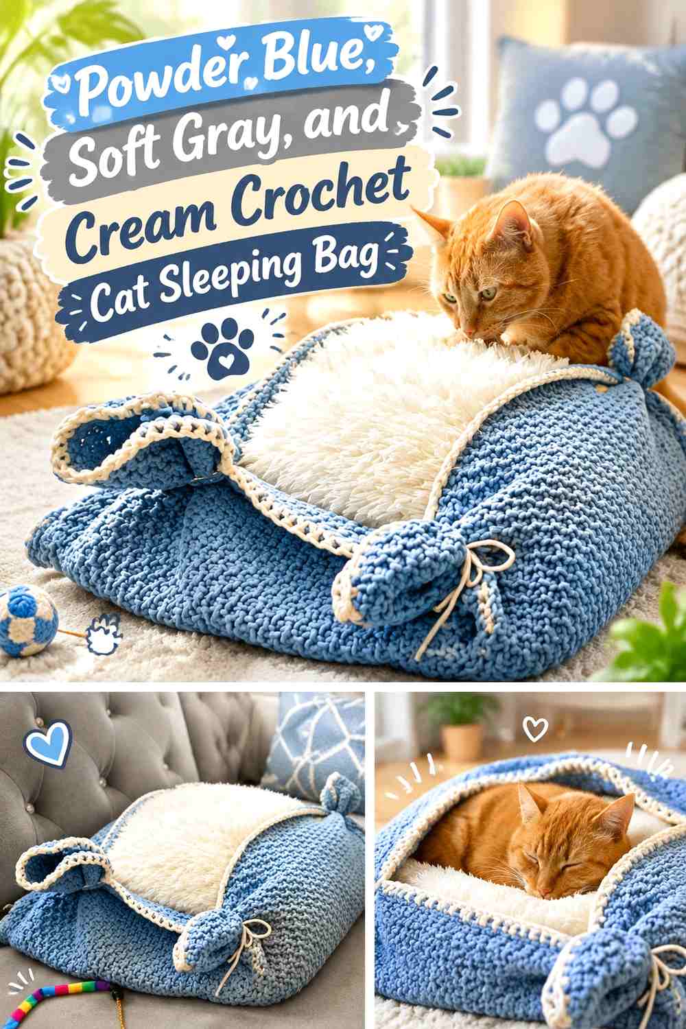 Powder Blue, Soft Gray, and Cream Crochet Cat Sleeping Bag