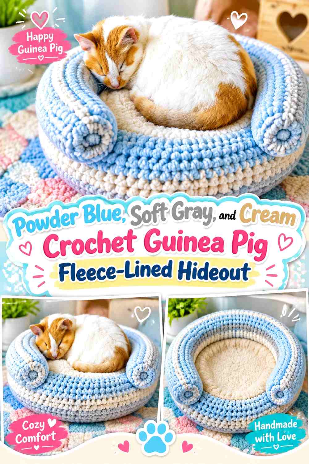 Powder Blue, Soft Gray, and Cream Crochet Guinea Pig Fleece-Lined Hideout