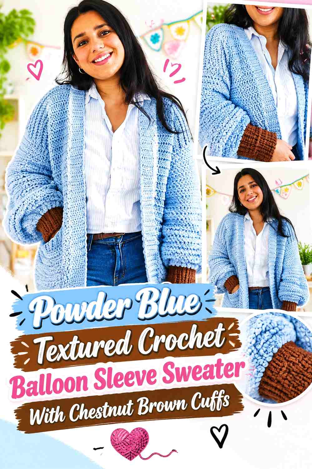 Powder Blue Textured Crochet Balloon Sleeve Sweater With Chestnut Brown Cuffs