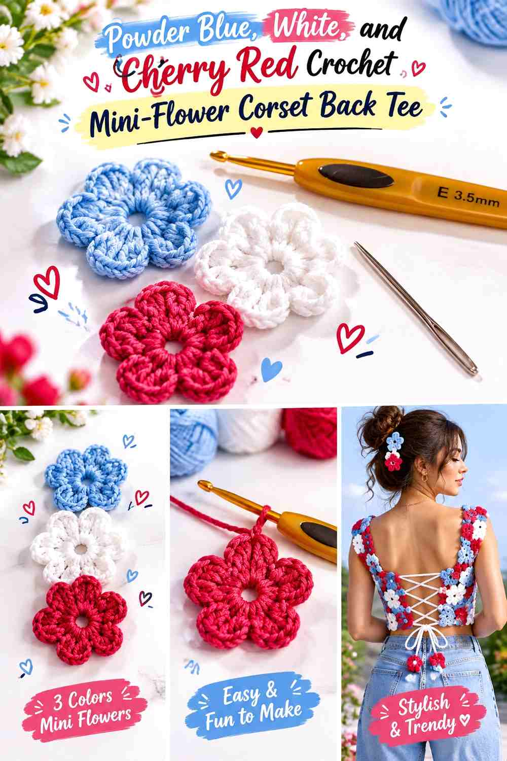 Powder Blue, White, and Cherry Red Crochet Mini-Flower Corset Back Tee