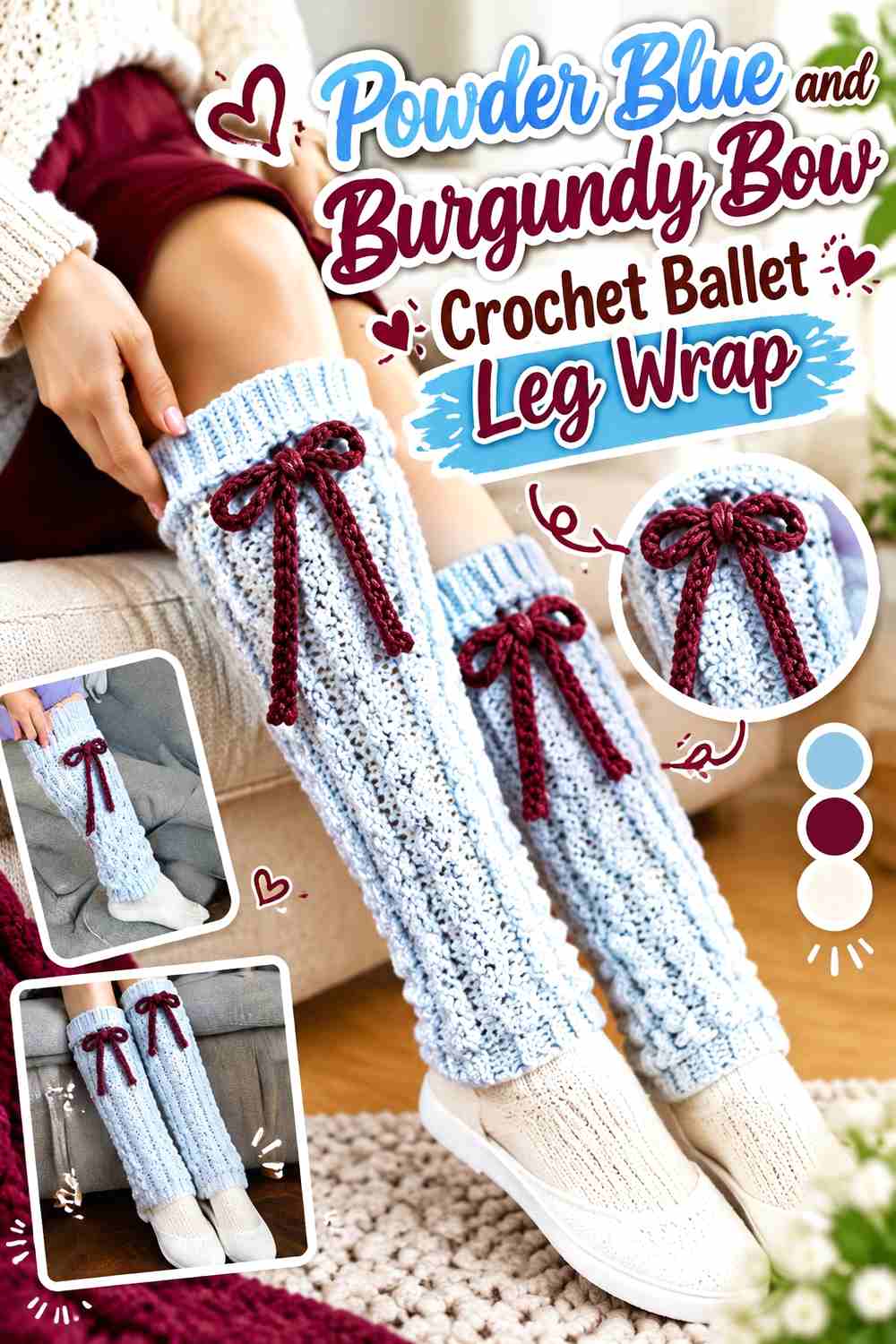 8. Powder Blue And Burgundy Bow Crochet Ballet Leg Wrap