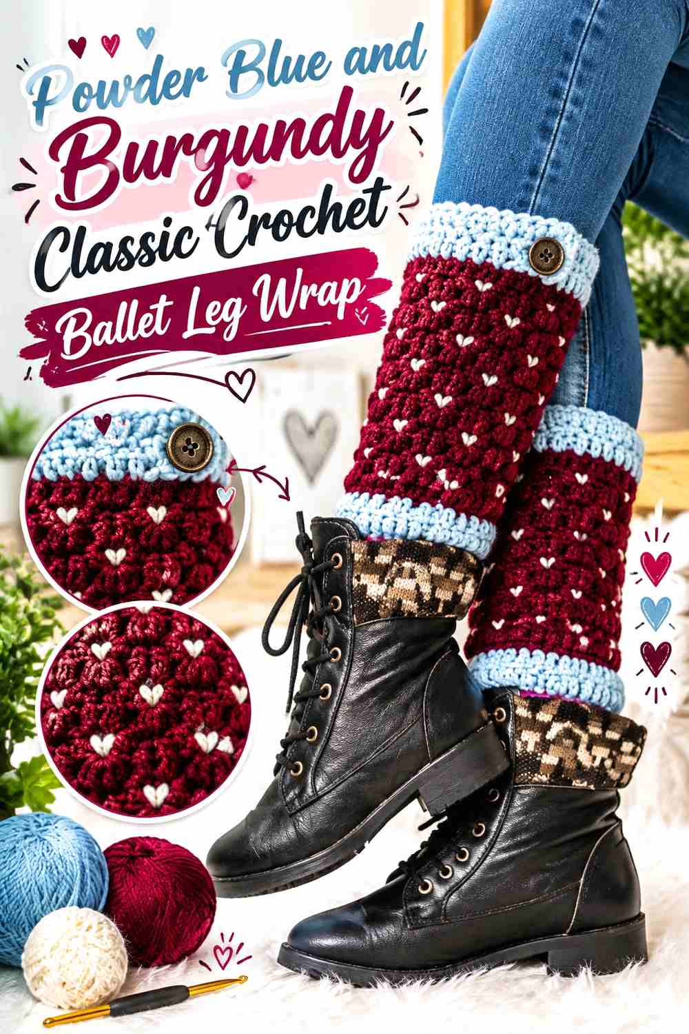 2. Powder Blue And Burgundy Classic Crochet Ballet Leg Wrap