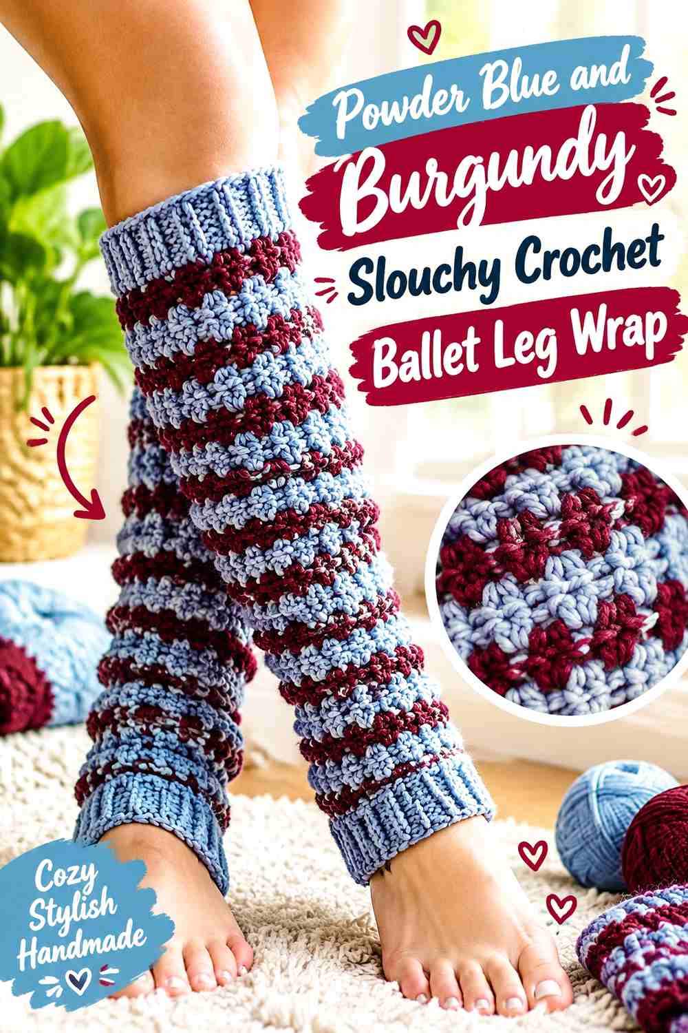 5. Powder Blue And Burgundy Slouchy Crochet Ballet Leg Wrap