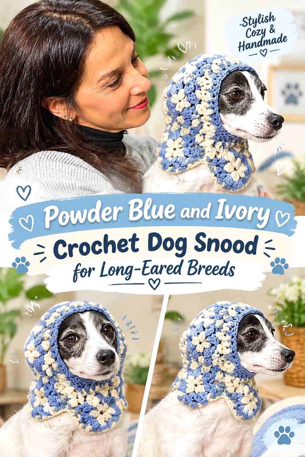 Powder Blue and Ivory Crochet Dog Snood for Long-Eared Breeds