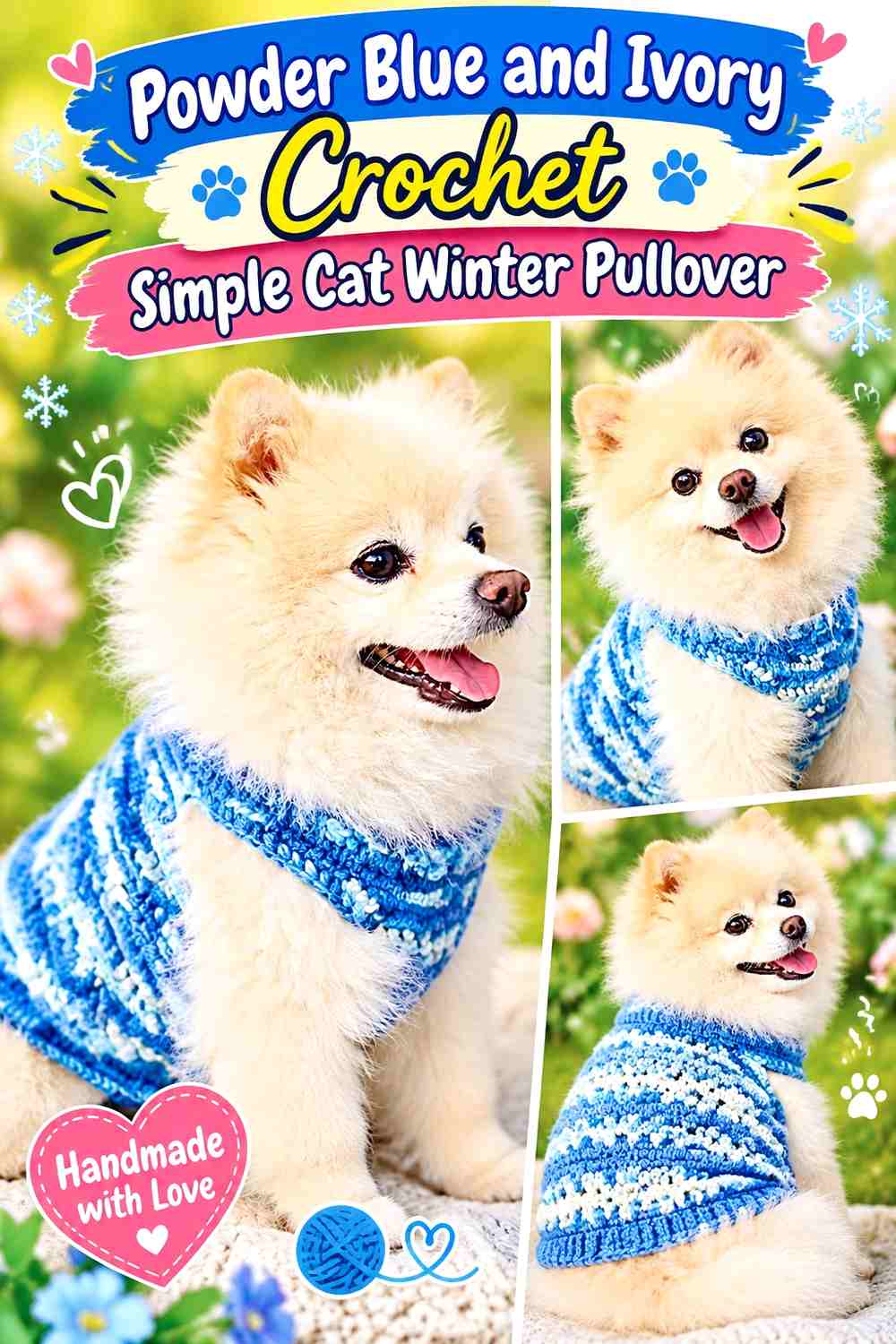 Powder Blue and Ivory Crochet Simple Cat Winter Pullover