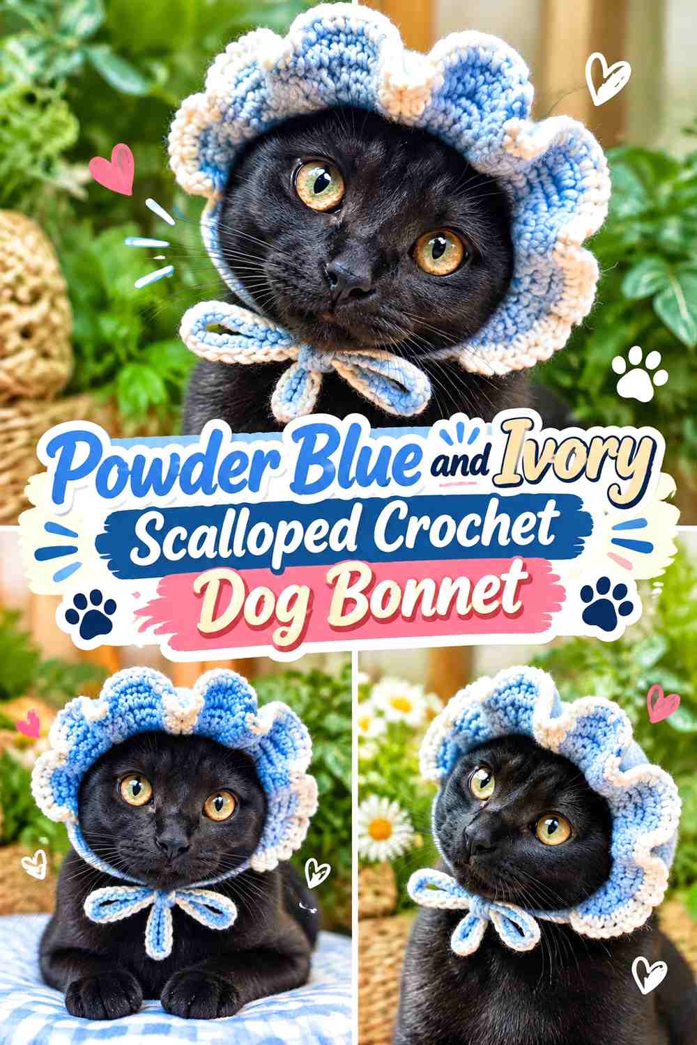 Powder Blue and Ivory Scalloped Crochet Dog Bonnet