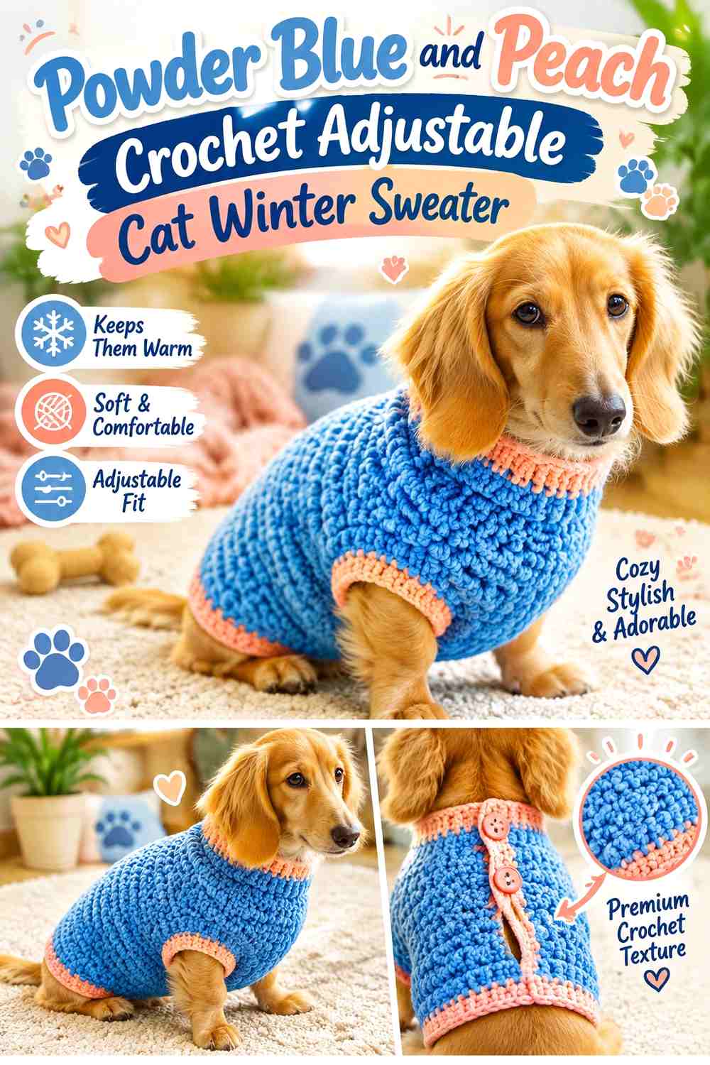 Powder Blue and Peach Crochet Adjustable Cat Winter Sweater