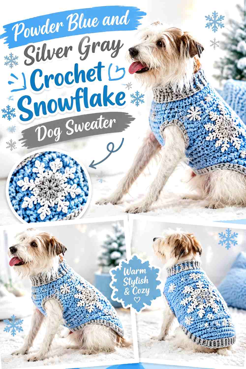 Powder Blue and Silver Gray Crochet Snowflake Dog Sweater