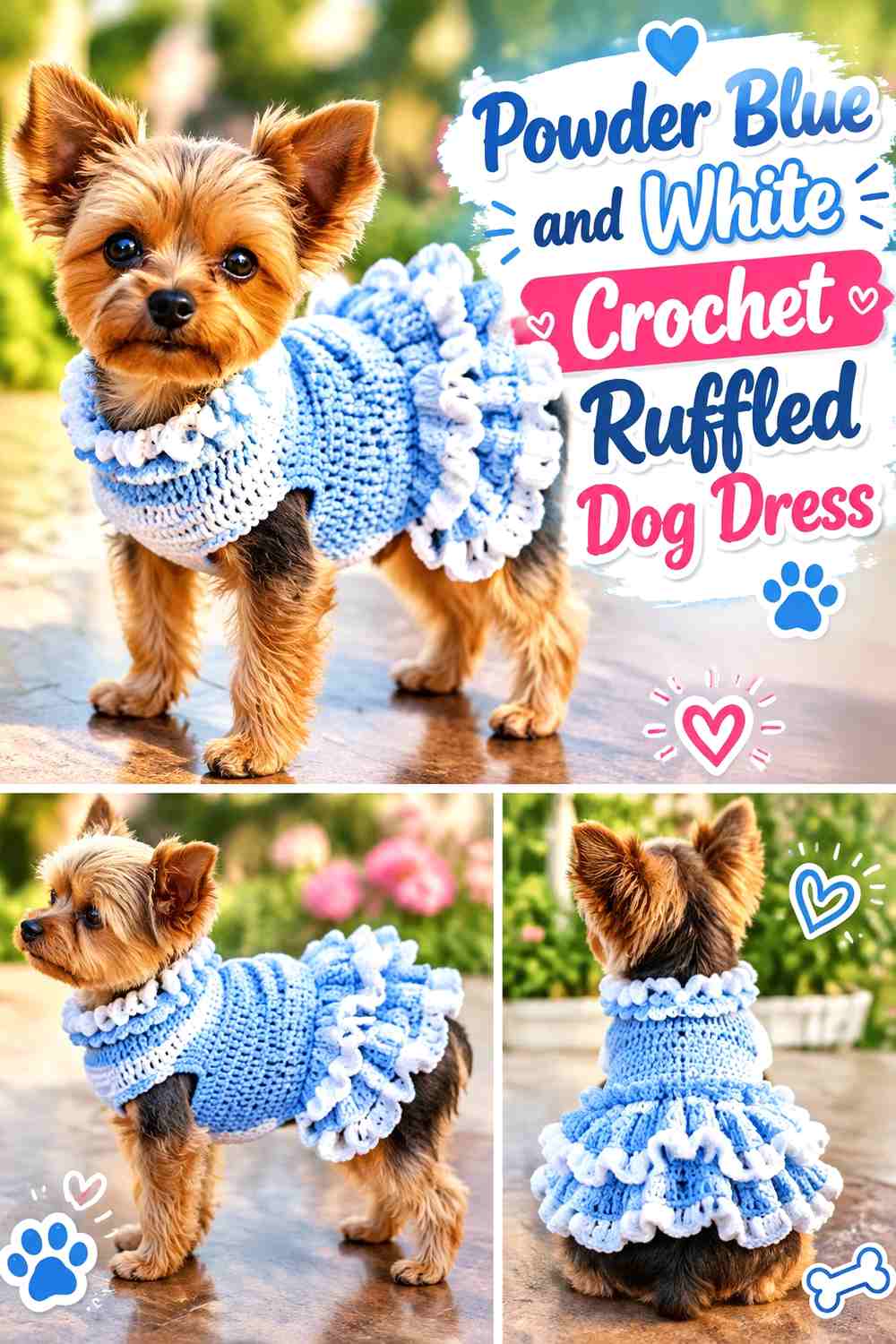 Powder Blue and White Crochet Ruffled Dog Dress