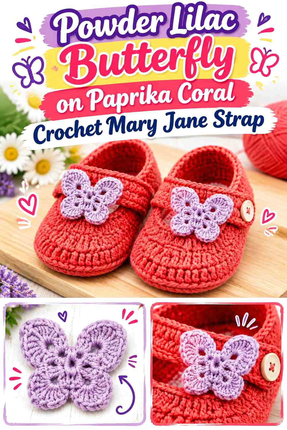 Powder Lilac Butterfly on Paprika Coral Crochet Mary Jane Strap