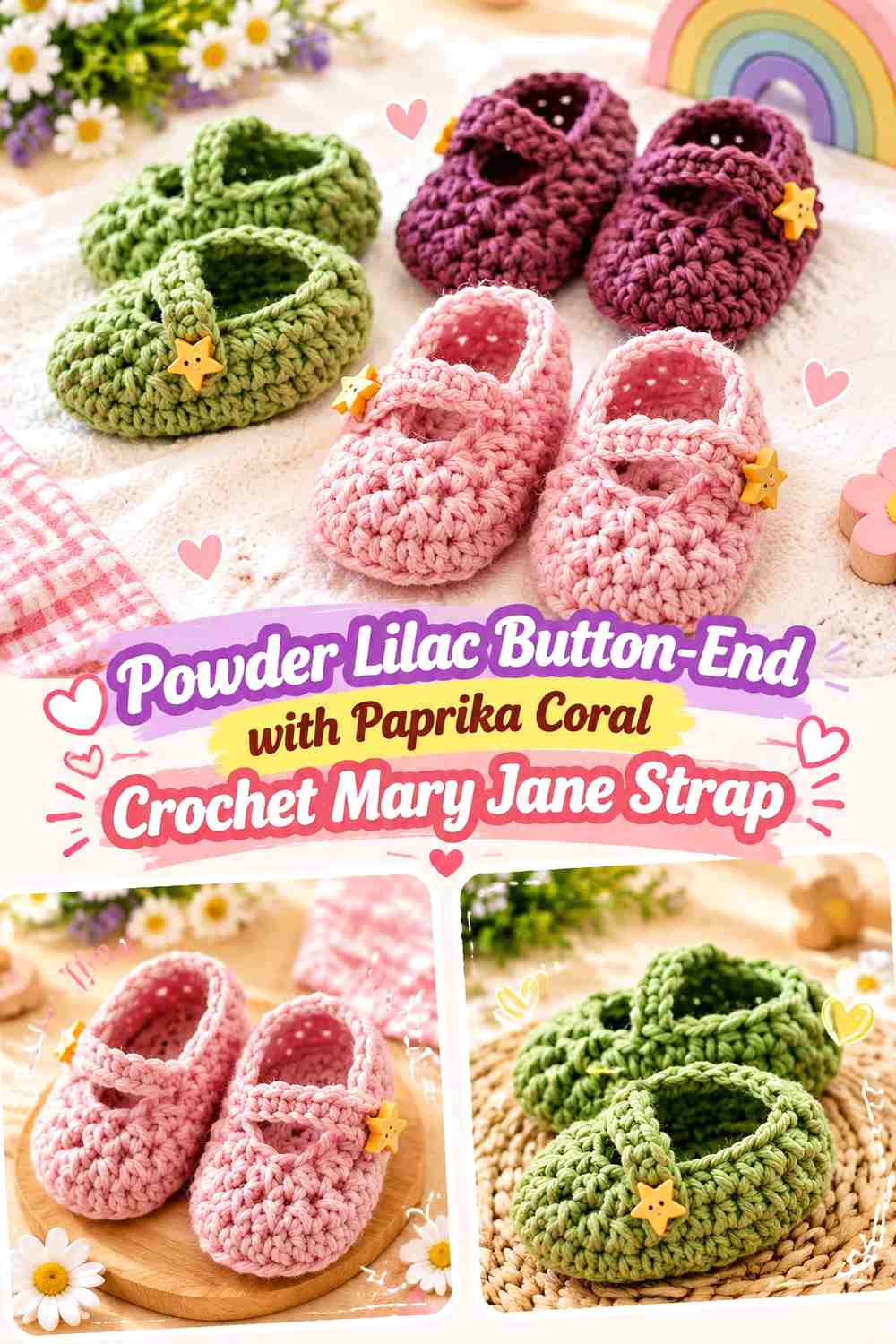 Powder Lilac Button-End with Paprika Coral Crochet Mary Jane Strap