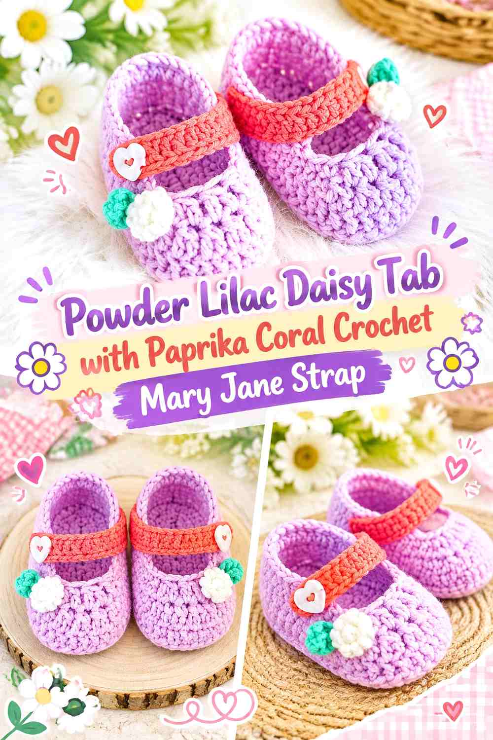 Powder Lilac Daisy Tab with Paprika Coral Crochet Mary Jane Strap