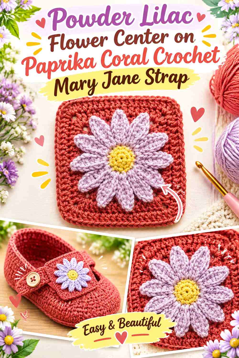 Powder Lilac Flower Center on Paprika Coral Crochet Mary Jane Strap