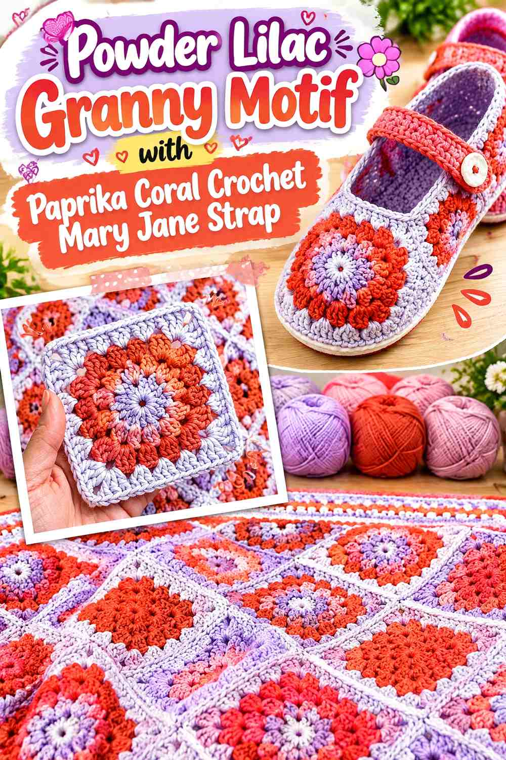 Powder Lilac Granny Motif with Paprika Coral Crochet Mary Jane Strap