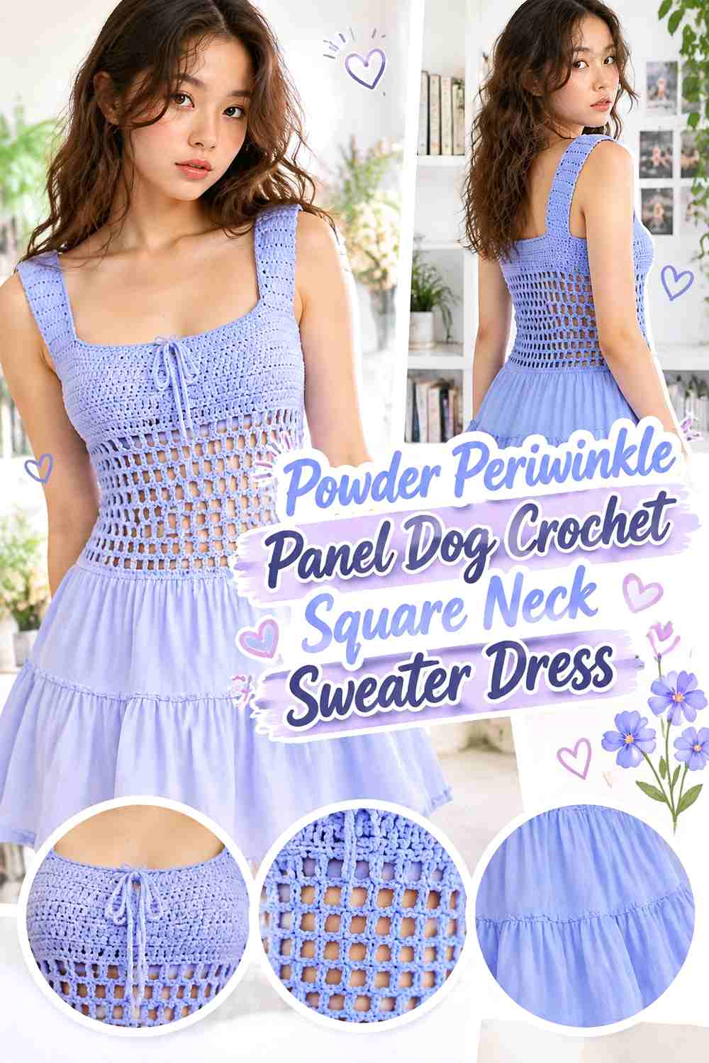 Powder Periwinkle Panel Dog Crochet Square Neck Sweater Dress