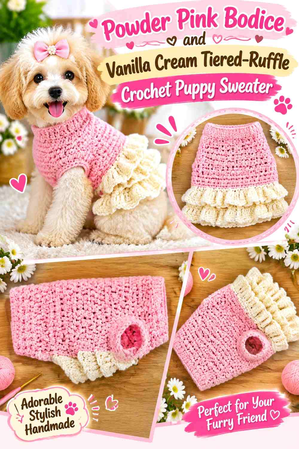 Powder Pink Bodice and Vanilla Cream Tiered-Ruffle Crochet Puppy Sweater