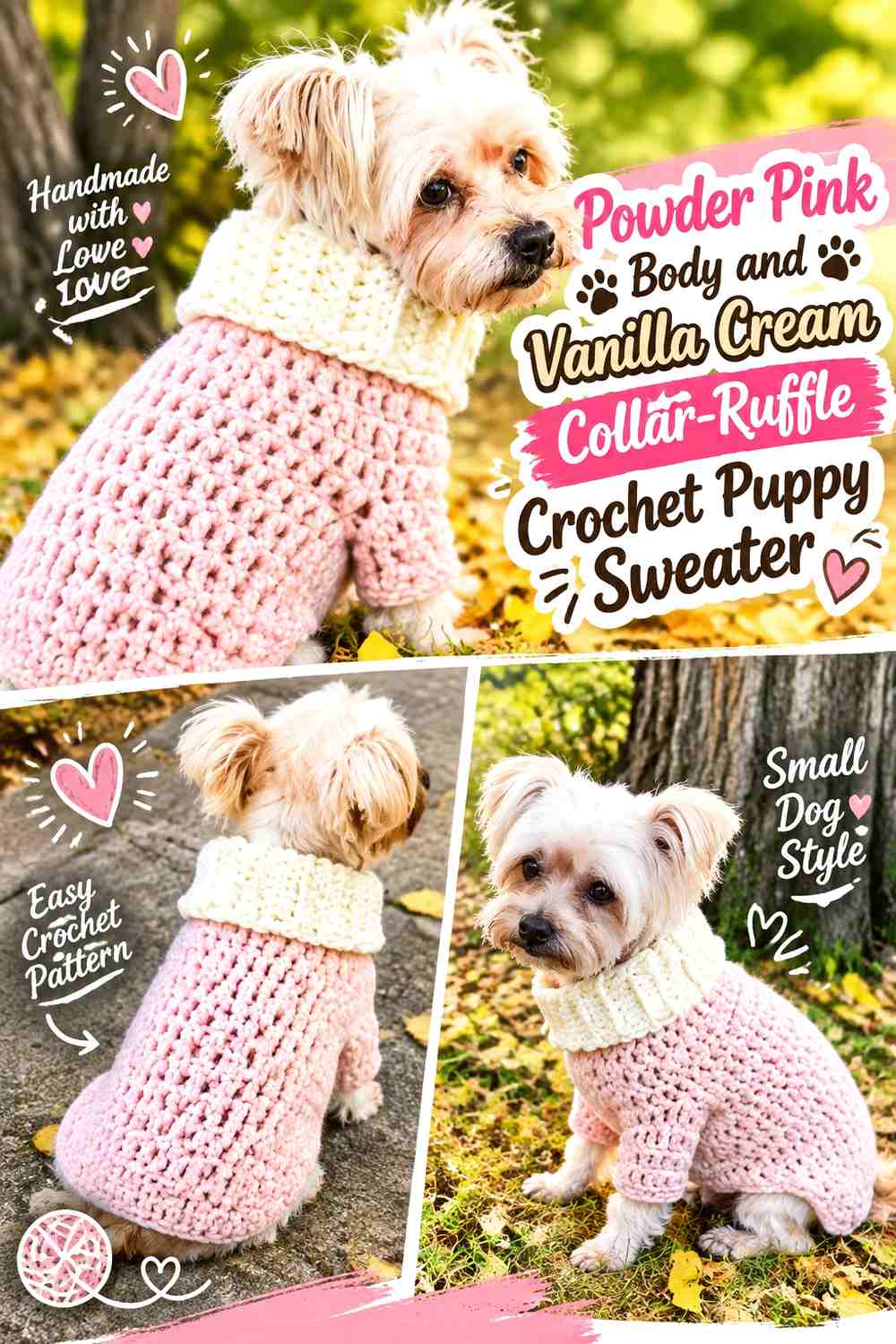Powder Pink Body and Vanilla Cream Collar-Ruffle Crochet Puppy Sweater
