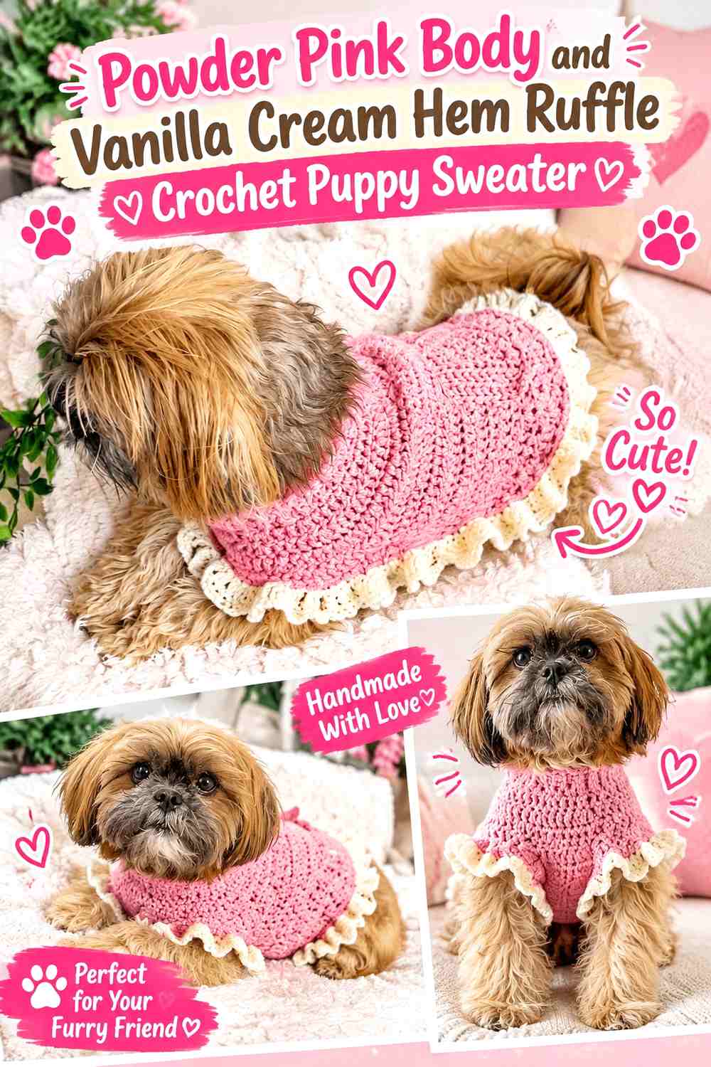 Powder Pink Body and Vanilla Cream Hem Ruffle Crochet Puppy Sweater