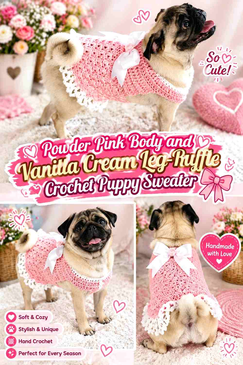 Powder Pink Body and Vanilla Cream Leg-Ruffle Crochet Puppy Sweater