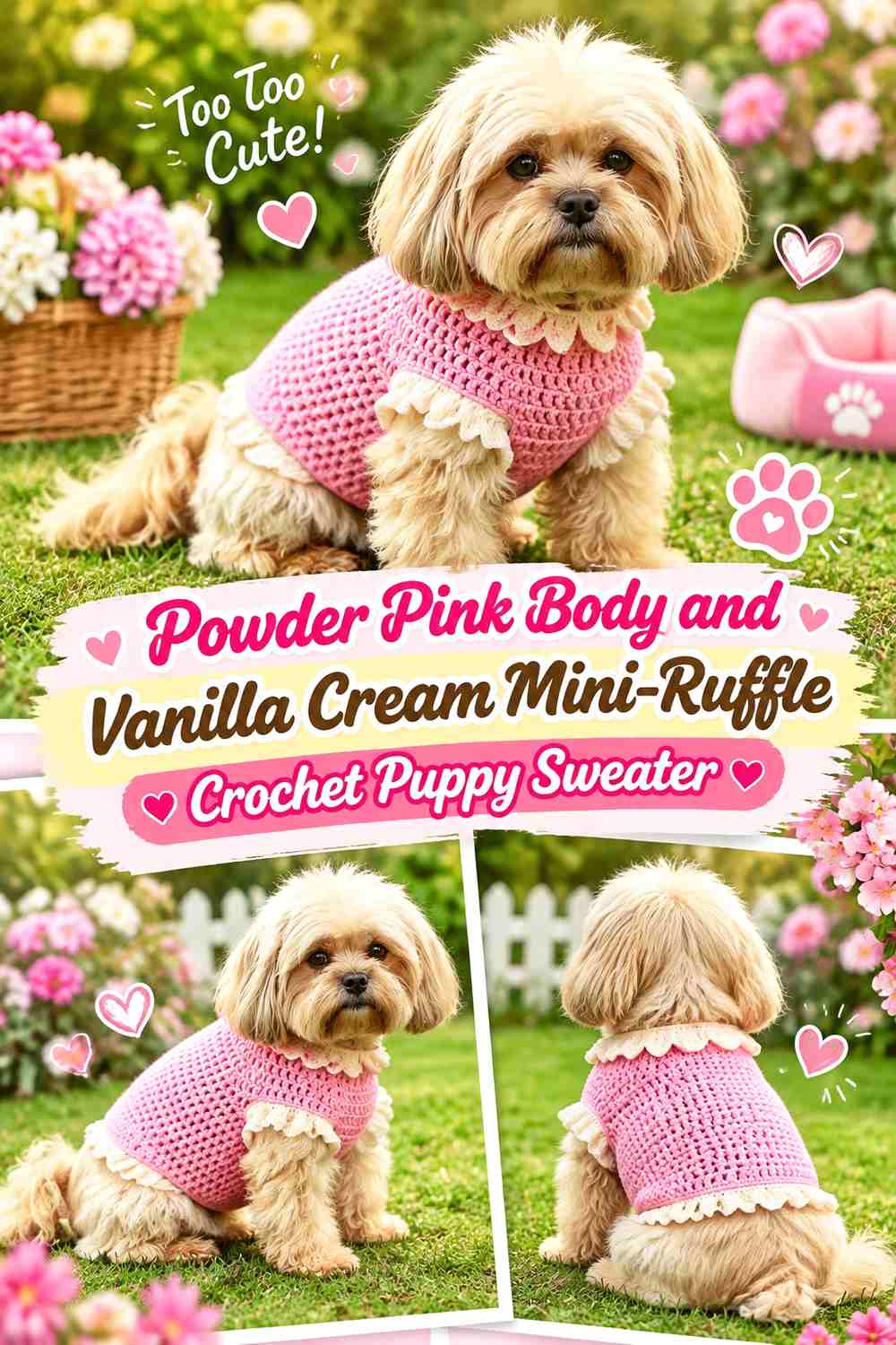 Powder Pink Body and Vanilla Cream Mini-Ruffle Crochet Puppy Sweater