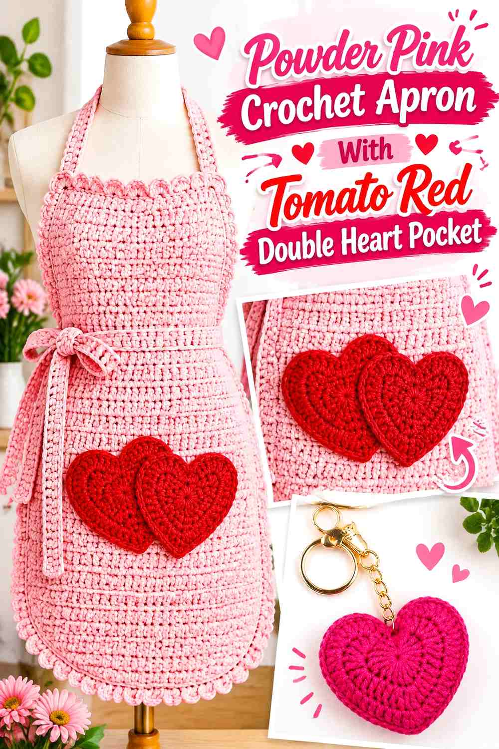Powder Pink Crochet Apron With Tomato Red Double Heart Pocket