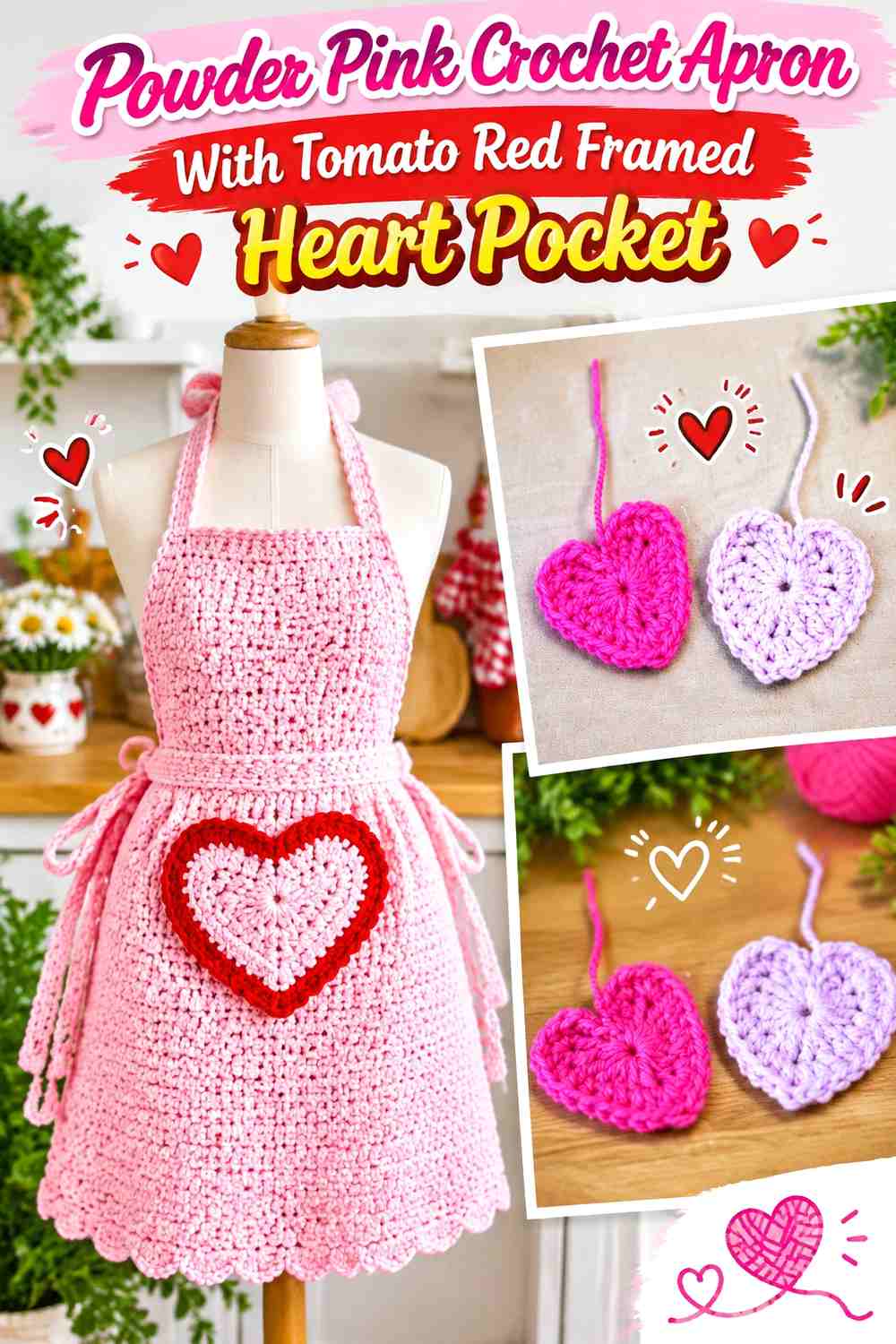 Powder Pink Crochet Apron With Tomato Red Framed Heart Pocket