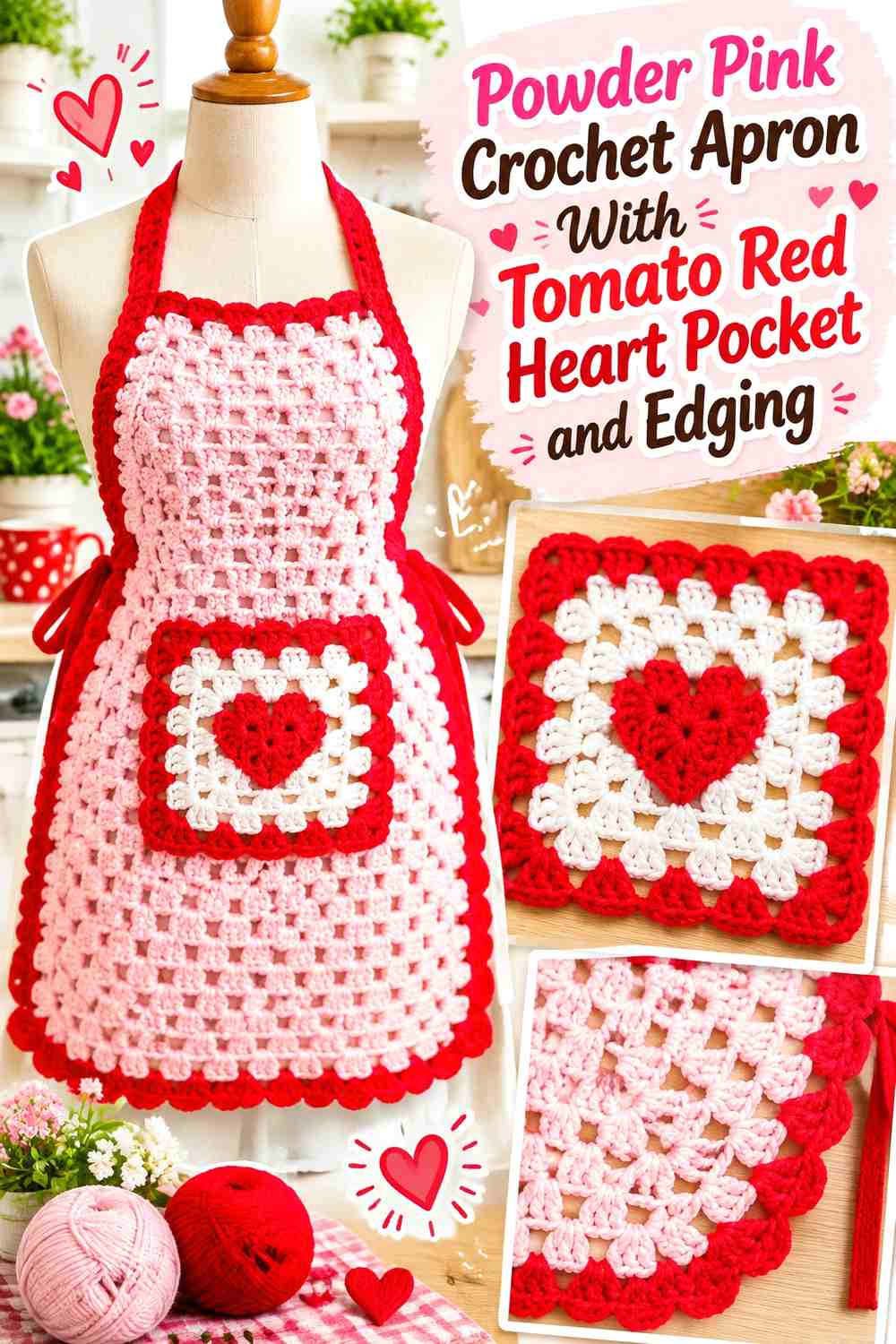 Powder Pink Crochet Apron With Tomato Red Heart Pocket and Edging