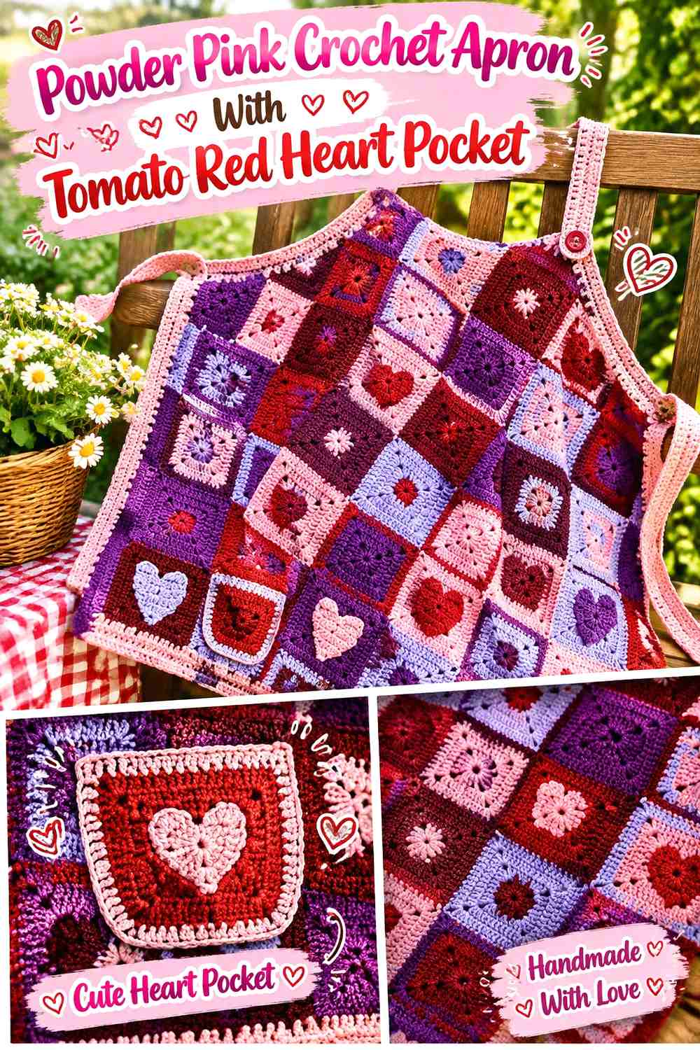 Powder Pink Crochet Apron With Tomato Red Heart Pocket
