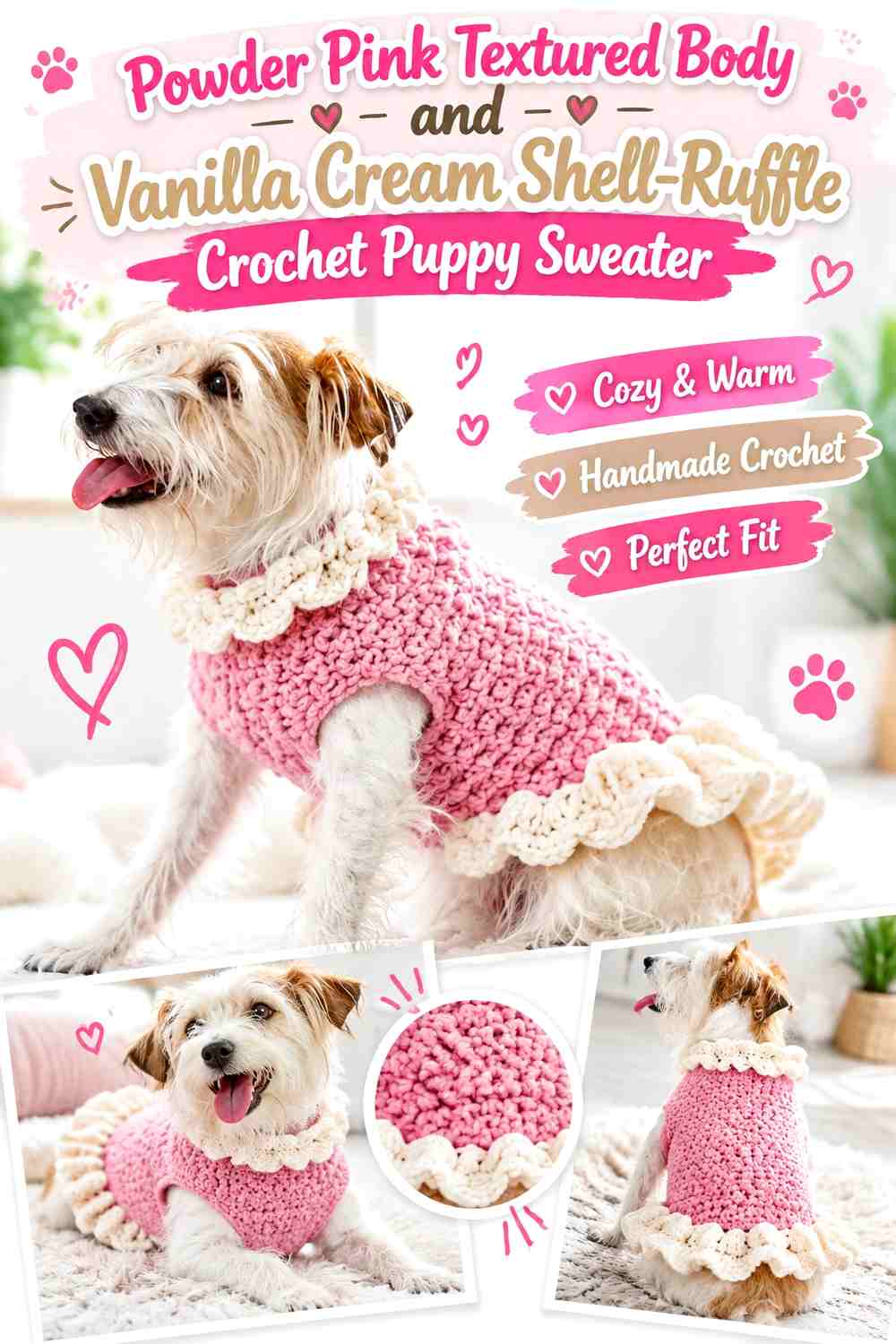 Powder Pink Textured Body and Vanilla Cream Shell-Ruffle Crochet Puppy Sweater